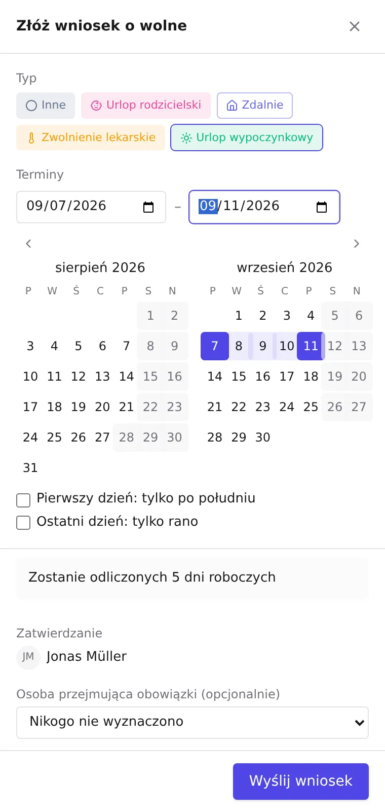 Mobilny formularz wniosku o wolne z podsumowaniem dni roboczych