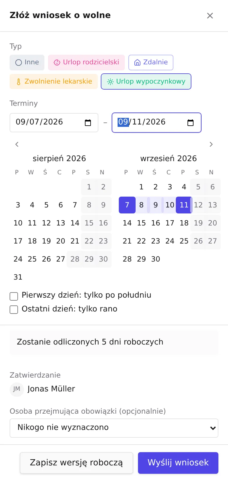 Mobilny formularz wniosku o wolne z podsumowaniem dni roboczych